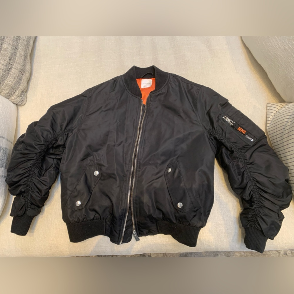 Anine Bing Black Bomber Jacket with Orange Lining